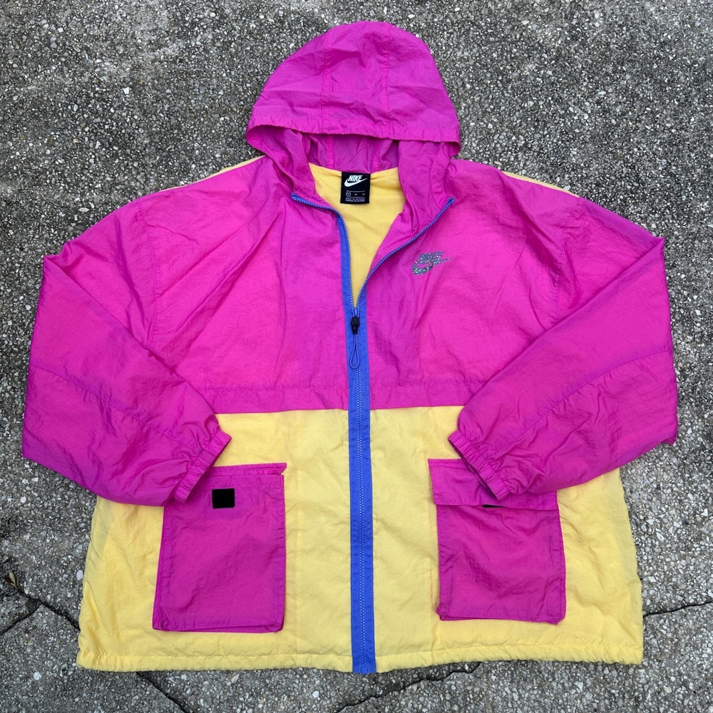 Nike Windbreaker Jacket Mens XL Pink Yellow Colorblock Full Zip Hooded Mesh